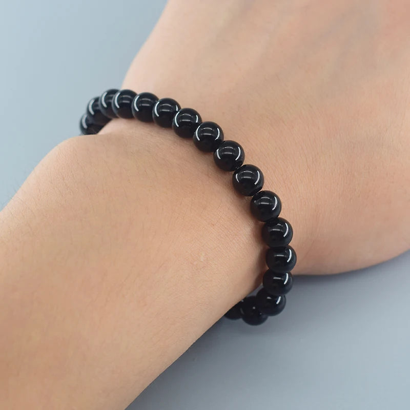 Classic Black Onyx Bead Bracelet for Men Natural Stone Shiny Black Obisidian Handmade Bracelet Yoga Meditation Jewelry Wholesale  (GoldenCity)