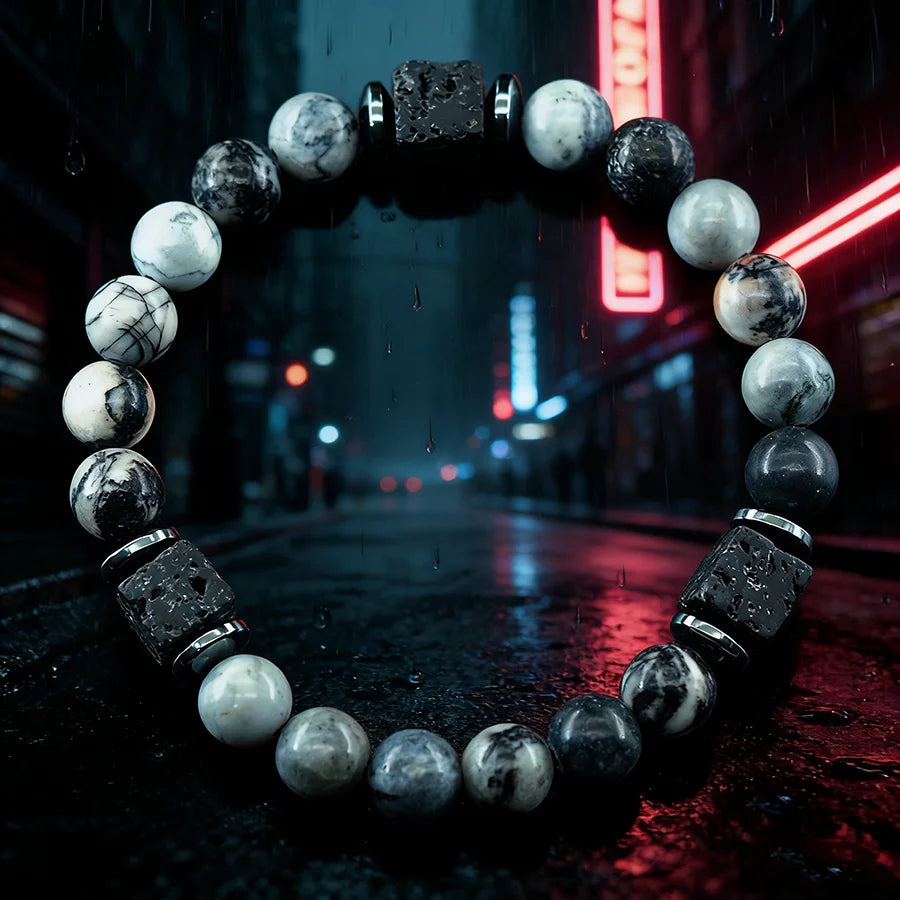 Natural Black Picasso Stone Beads Bracelet Men Retro Black Block Volcanic Lava Jewelry for Women Couple Matching Gift Wholesale  (GoldenCity)