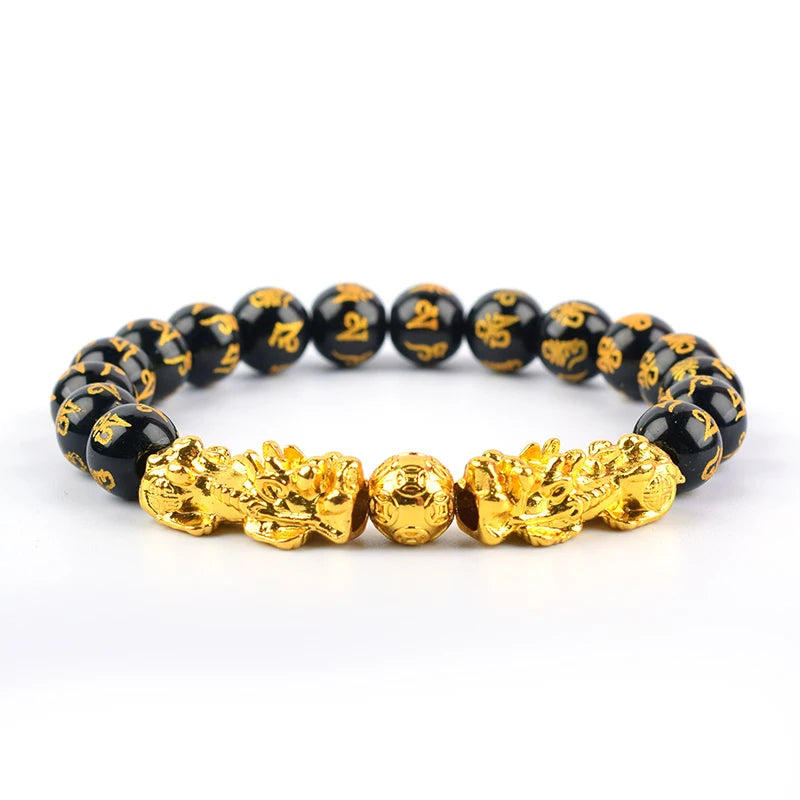 Feng Shui Obsidian Stone Beads Bracelet Men Women Wristband Gold Color Wealth and Good Luck Six Character Proverbs Bracelet  (GoldenCity)
