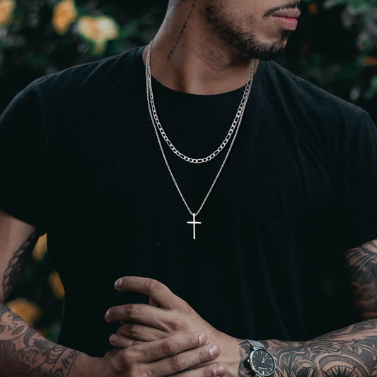Mens Cross Necklaces, Stainless Steel Layered Plain Cross Pendant, Rope Box Chain Necklace, Simple Prayer Jesus Collar  (GoldenCity)