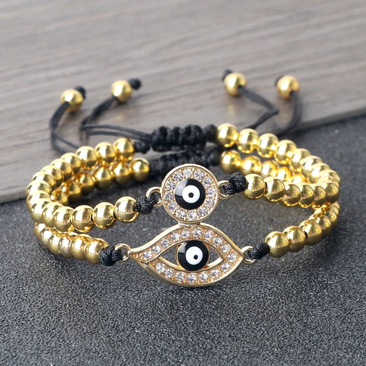 New Turkish Evil Eye Copper Beads Braided Bracelet Women Men Gold Color Healing Yoga Couple Bracelet&Bangles Chain Jewelry Gift  (GoldenCity)