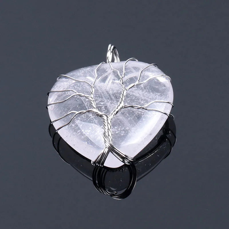 Natural Stone Tree of Life Wire Wrapped Love Heart Necklace Pendant Natural Stone Tiger Eye Pink Quartz Black Agate For Women  (GoldenCity)