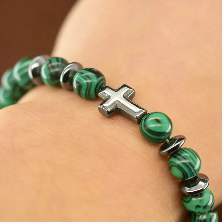 Cross Charm Natural Stone Bracelet Malachite Beaded Bracelet Handmade Men Women Prayer Fitness Chain Couple Matching Jewelry  (GoldenCity)