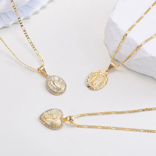 Heart Guadalupe Virgin Mary Necklace for Women,Cubic Zirconia Mother Mary Catholic Necklace Lady of Guadalupe Jewelry  (GoldenCity)