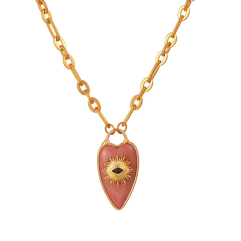 1pc Devil's Eye Heart Natural Stone Pendant Amethyst Pink Crystal Necklace for Women Jewelry Gift  (GoldenCity)