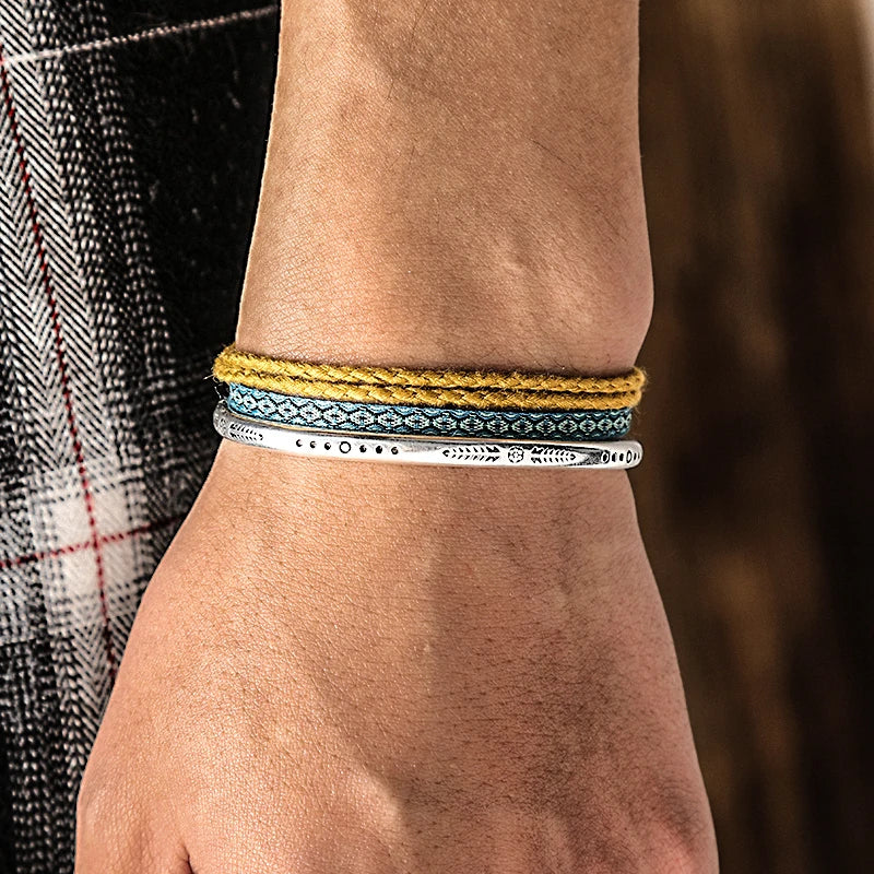 Lucky Woven Rope Handmade Bracelets For Women Men Simple 925 Tibetan Silver Bangle Adjustable 3PC Charm Bohemian Styles Gift  (GoldenCity)
