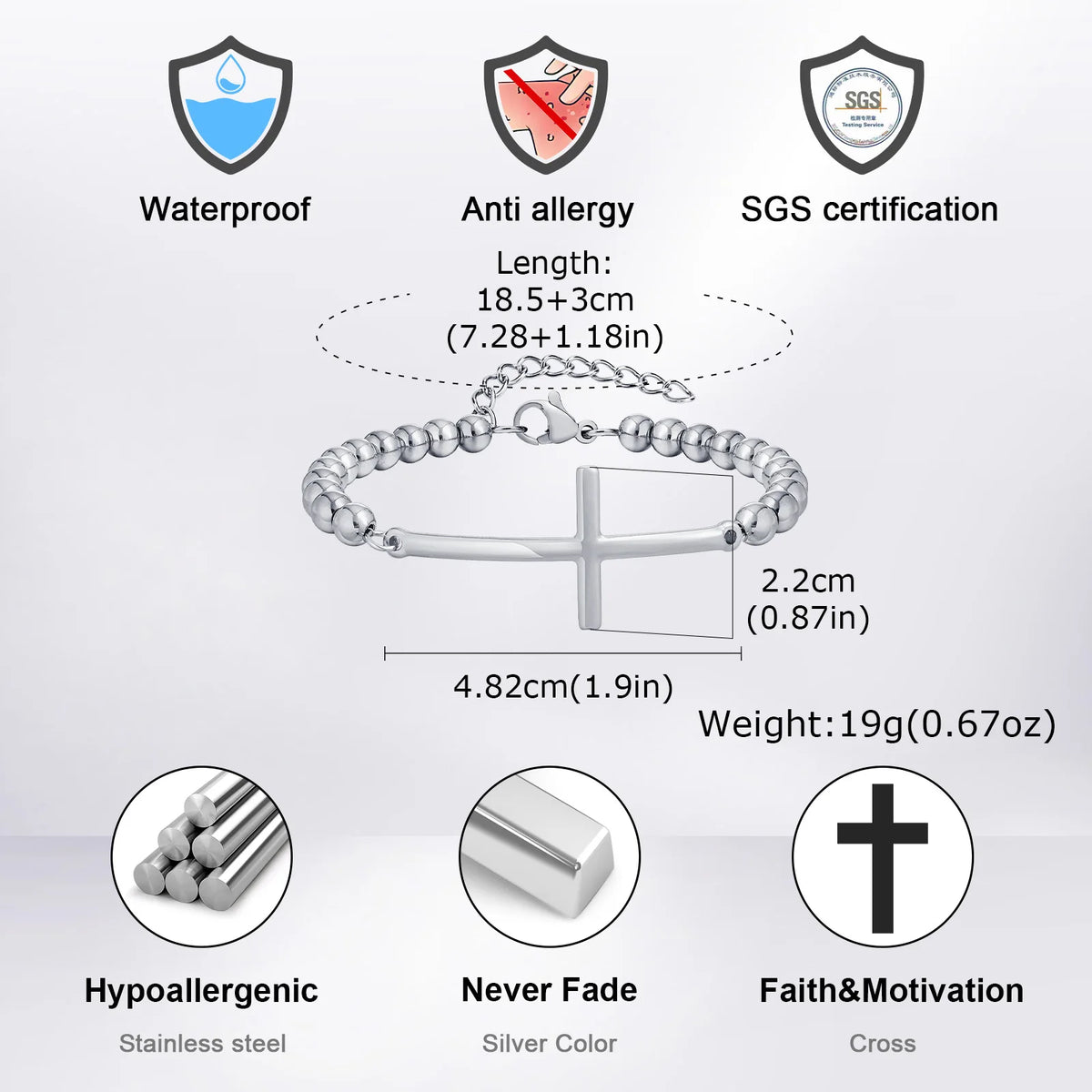 Simple Big Cross Bracelets with Glossy Stainless Steel Beads Bracelets, Adjustable Beaded Chain Men Religious Faith Jewlery  (GoldenCity)