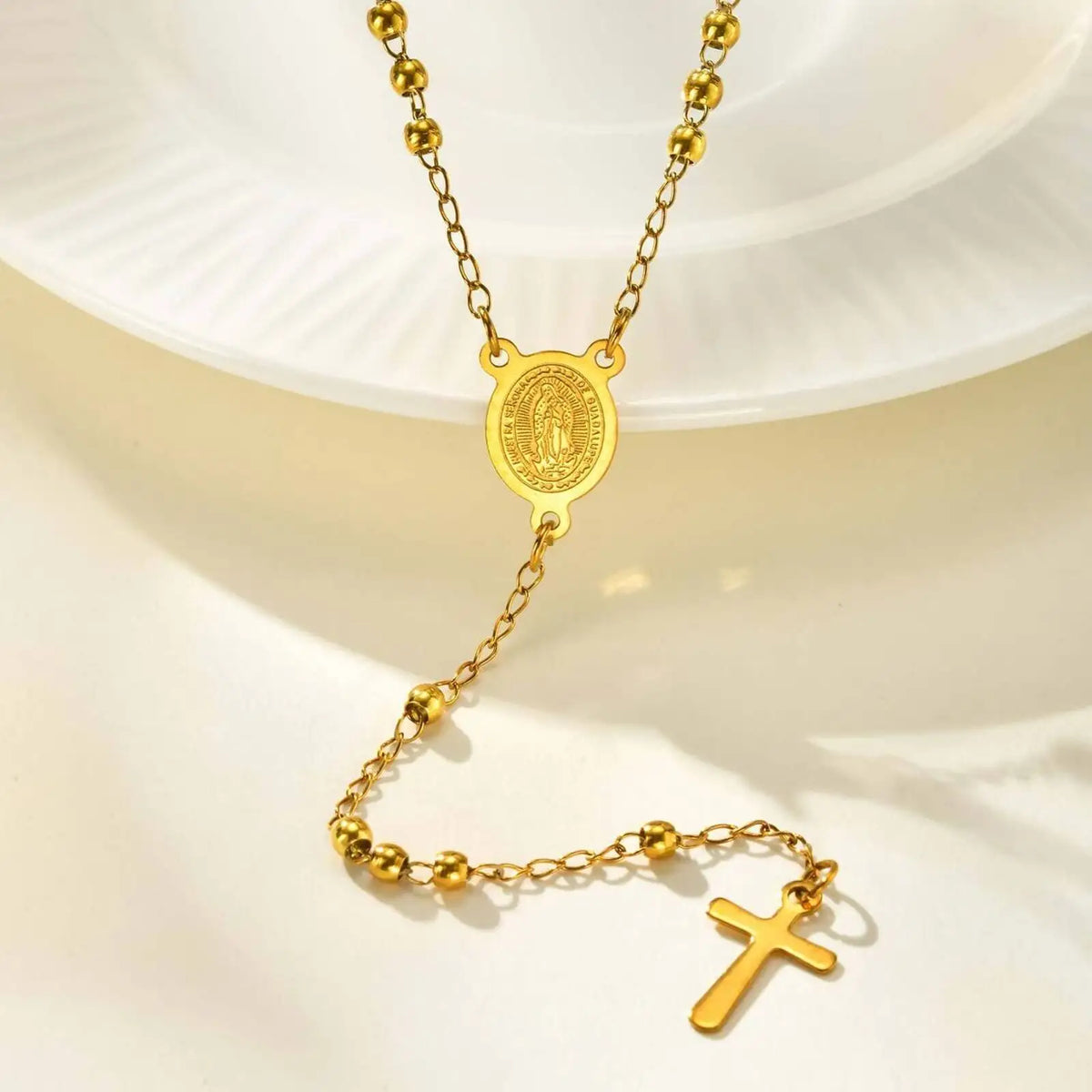 Stylish Stainless Steel Virgin Mary Necklaces, Multiple Beads Chain Cross Pendant, Long Sweater Chain Jewelry For Women  (GoldenCity)