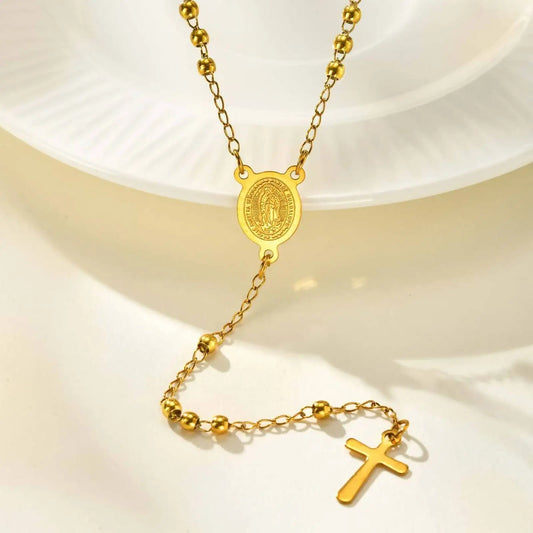 Stylish Stainless Steel Virgin Mary Necklaces, Multiple Beads Chain Cross Pendant, Long Sweater Chain Jewelry For Women  (GoldenCity)