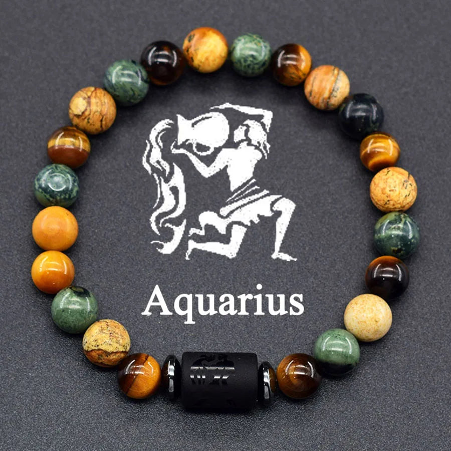 12 Zodiac Sign Bracelet Homme Constellation Bangle Natural Yellow Tiger Eye Stone Hematite Cancer Virgo Leo Libra Bracelet Women  (GoldenCity)