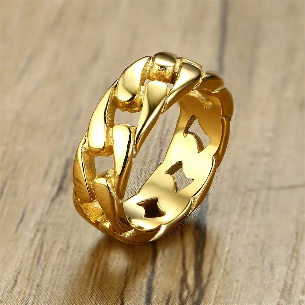 Men Vintage Oxidized Stainless Steel Rings, Links Shaped Finger Band, Punk Rock Male Alliance  (GoldenCity)