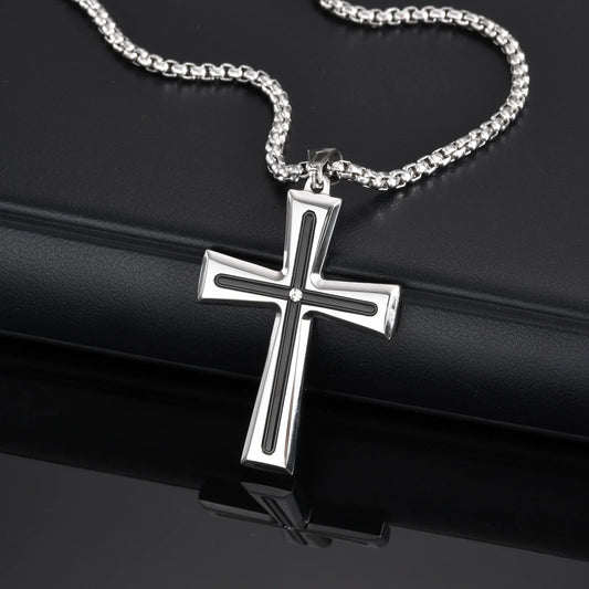 Cubic Zirconia Stone Centered Cross Necklaces for Men, Black Silver Color Stainless Steel Pendant,Religious Accessory Gift  (GoldenCity)