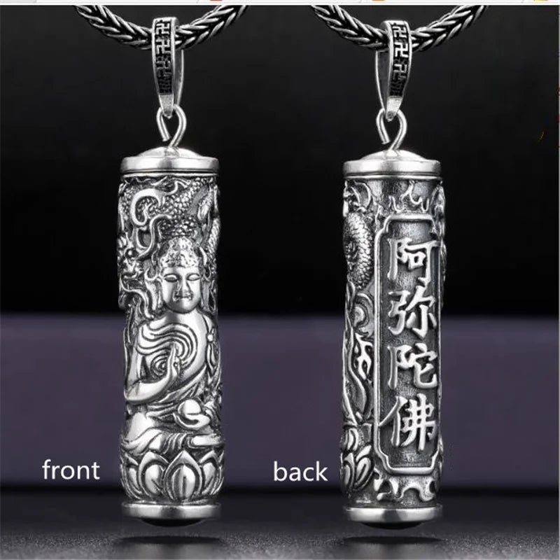 Tibetan Retro Buddha Shurangama Mantra Pendant Necklace For Men Jewelry Fashion Silver 925 Neck Chain Male Necklace Boy Birthday Gift  (GoldenCity)