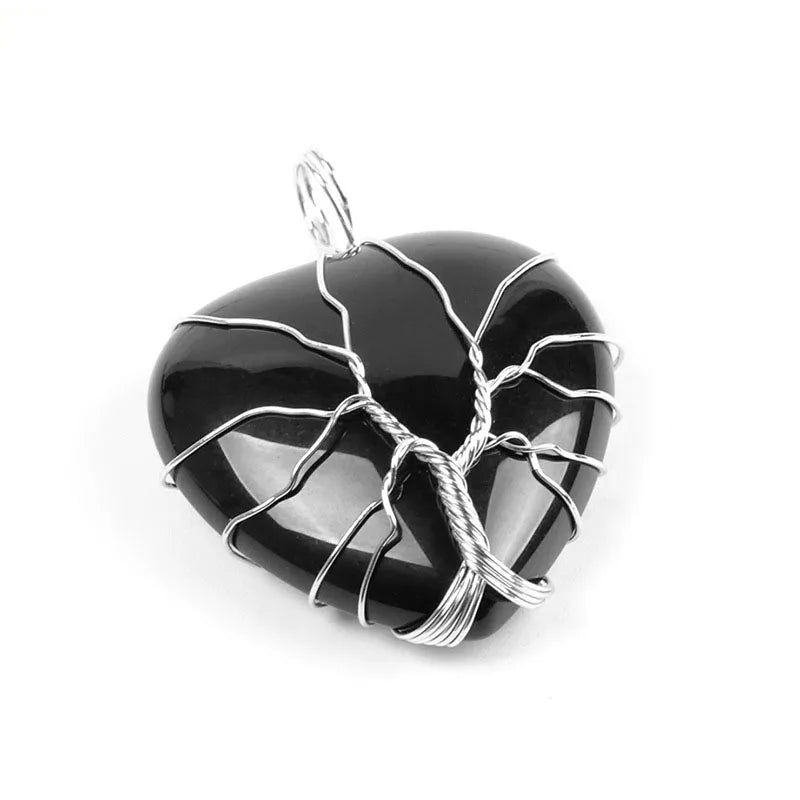 Natural Stone Tree of Life Wire Wrapped Love Heart Necklace Pendant Natural Stone Tiger Eye Pink Quartz Black Agate For Women  (GoldenCity)