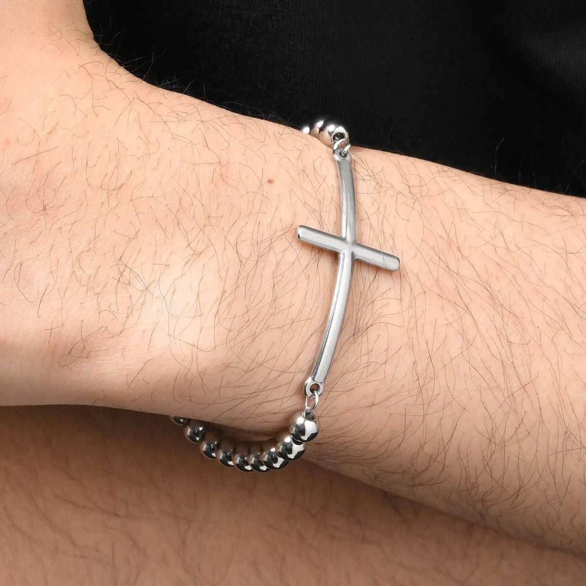 Simple Big Cross Bracelets with Glossy Stainless Steel Beads Bracelets, Adjustable Beaded Chain Men Religious Faith Jewlery  (GoldenCity)