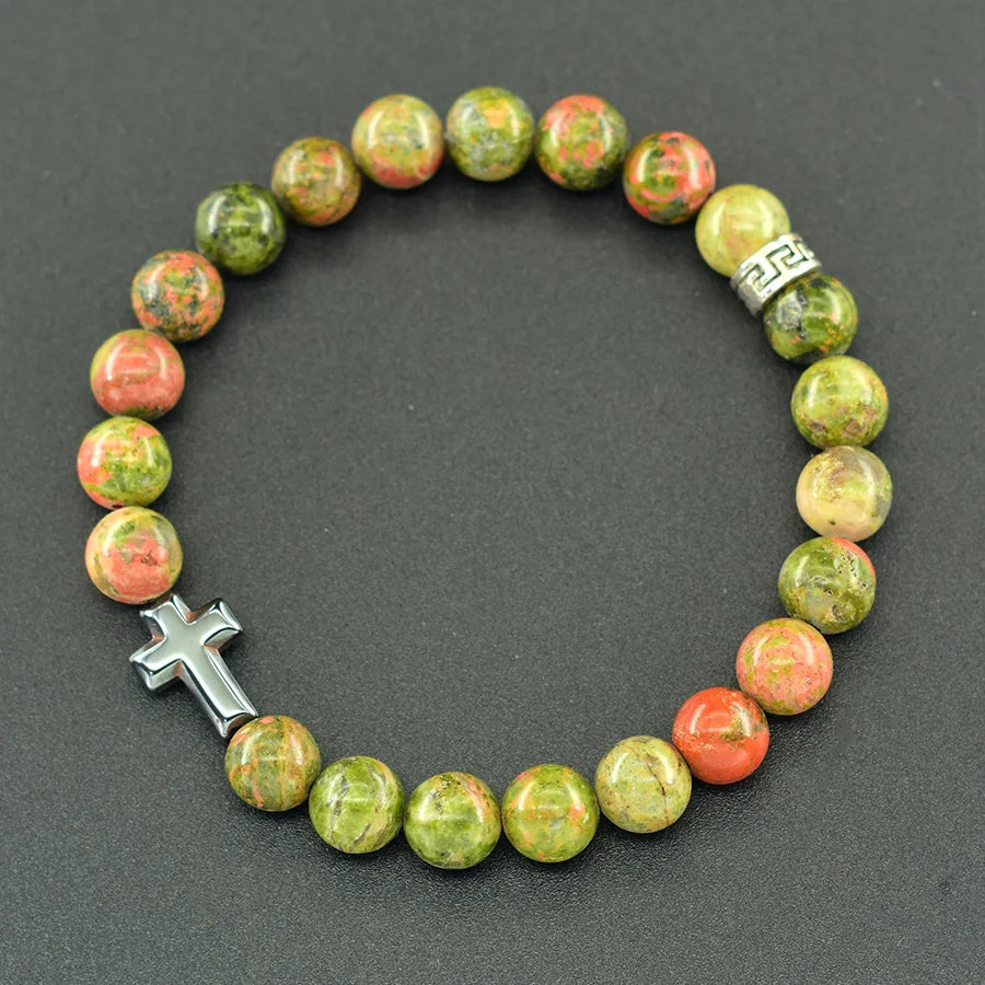 Prayer Cross Charm Natural Stone Beads Bracelet Men Women Rosary Hematite Cross Bracelet Onyx Meditation Bracelet Yoga Jewelry  (GoldenCity)