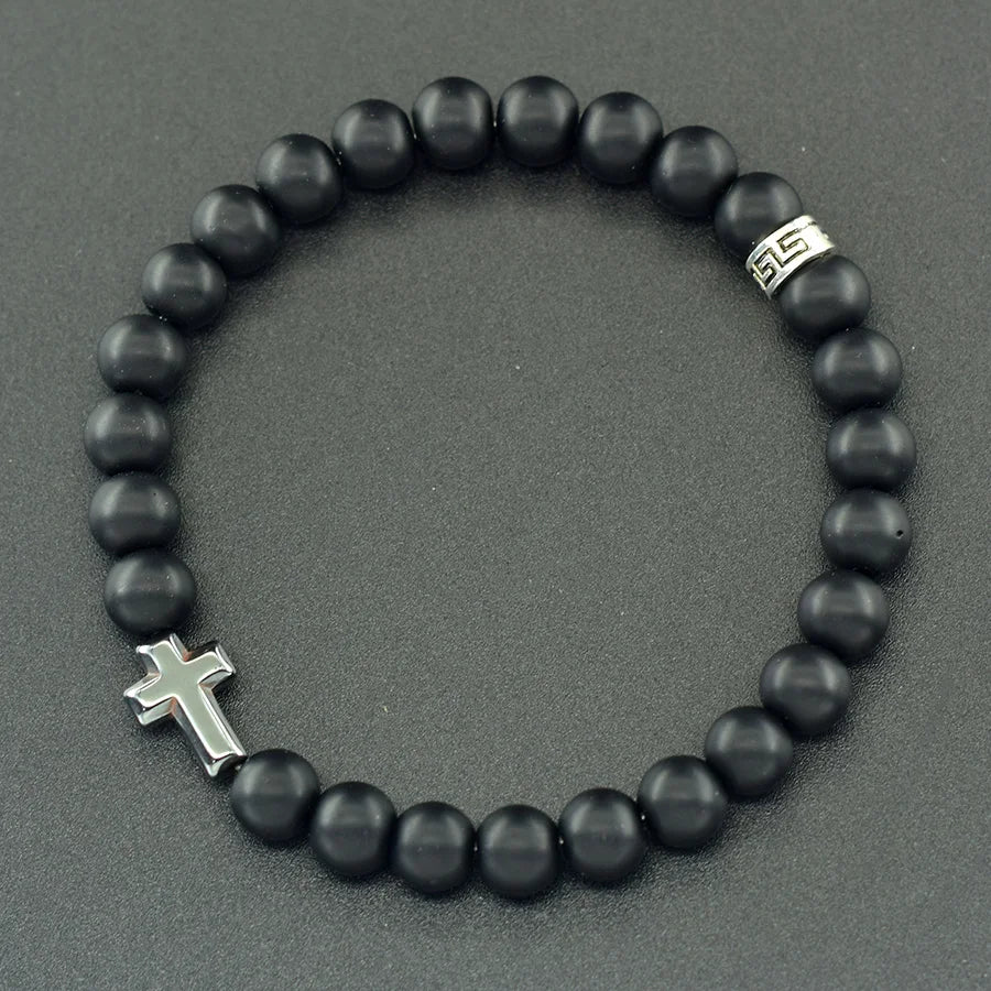 Prayer Cross Charm Natural Stone Beads Bracelet Men Women Rosary Hematite Cross Bracelet Onyx Meditation Bracelet Yoga Jewelry  (GoldenCity)