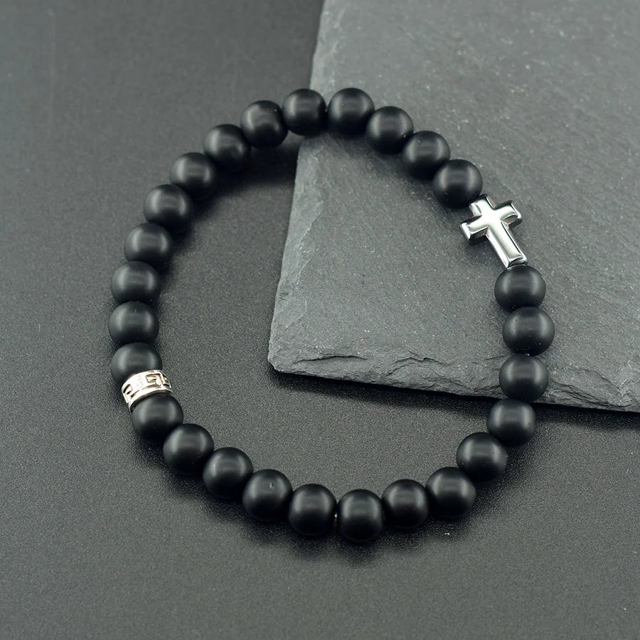 Cross Charm Natural Stone Bracelet Malachite Beaded Bracelet Handmade Men Women Prayer Fitness Chain Couple Matching Jewelry  (GoldenCity)