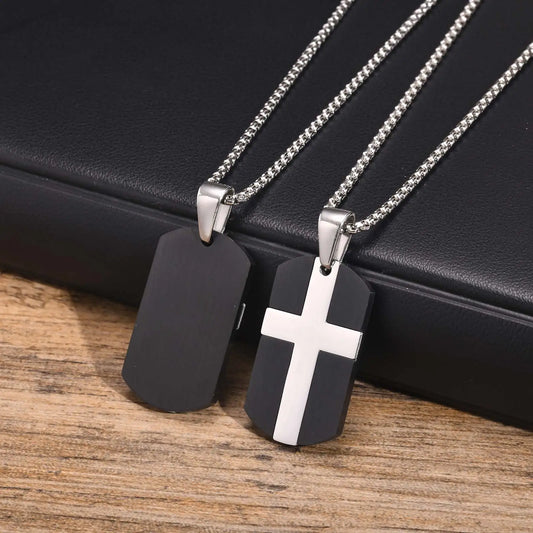 Stainless Steel Cross Dog Tag Necklaces for Men, Black Dogtag Pendant Necklace, Punk Rock Religious Faith Jewelry Collar  (GoldenCity)