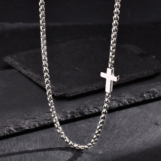 Stylish Sideway Cross Necklaces for Men Women, Waterproof Box Chain Chokers, Religious Stainless Steel Faith Collar Jewelry  (GoldenCity)