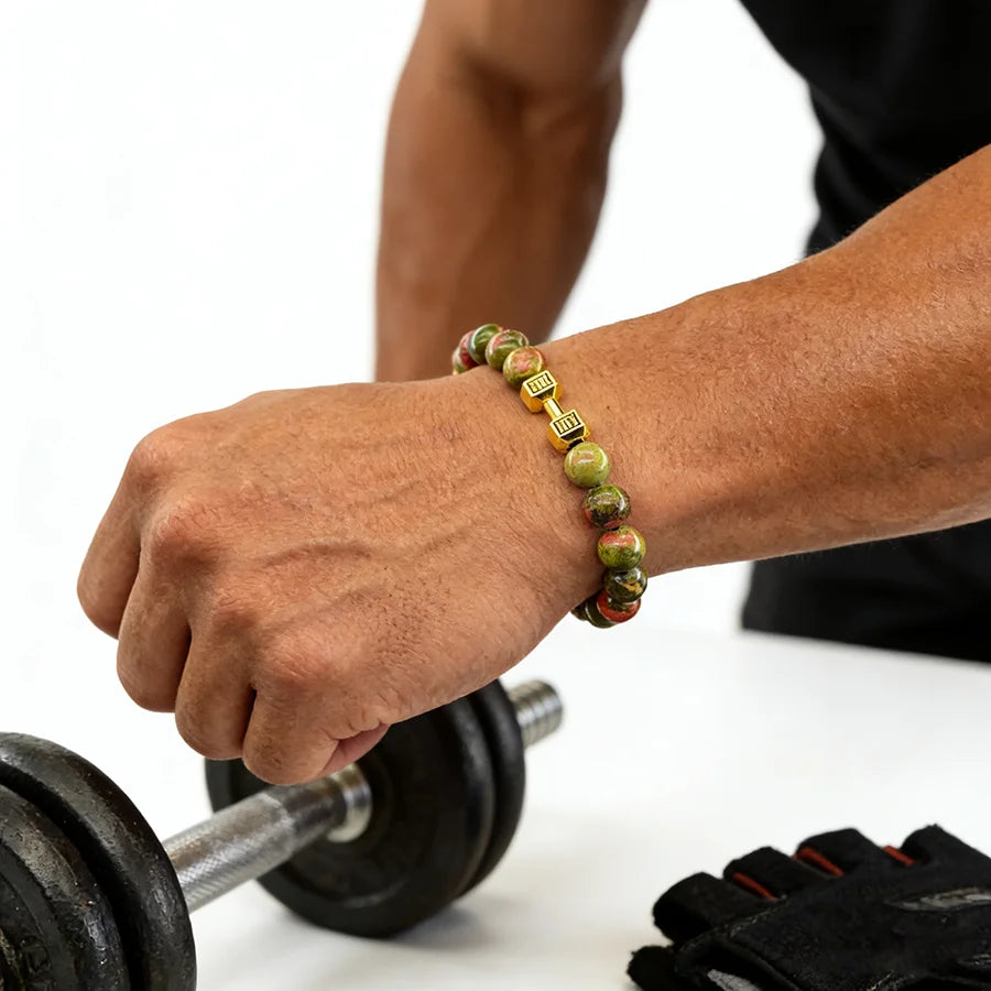 Dumbbell Barbell Shape Pendant Men's Fitness Bracelet Natural Unakite Stone Beads Bangle for Men Gym Strengthen the Muscle Gift  (GoldenCity)