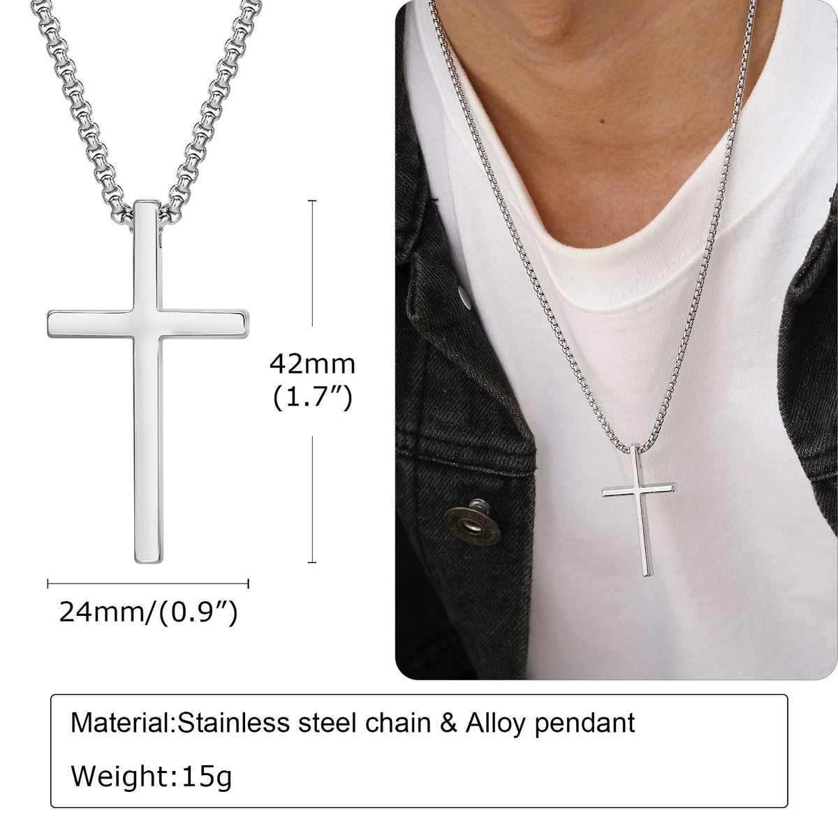 Cross Necklace for Men Women, Silver Color Plain Alloy Metal Cross Pendant Collar with Stainless Steel Box Chain  (GoldenCity)