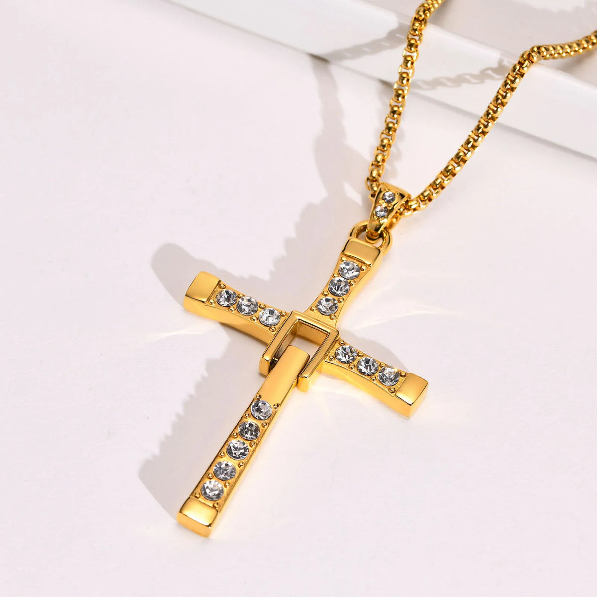 Big Cross Necklace for Men, Flexible Arm, Full Stone Prayer Cross Pendant with Box Chain, Punk Rock Gothic Collar  (GoldenCity)