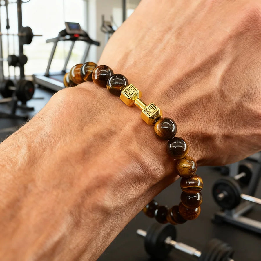 Natural Yellow Tiger Eye Stone Beads Bracelet Men Dumbbell Pendant Accessories Gym Fitness Men Jewelry Gift for Boyfriend Bangle  (GoldenCity)