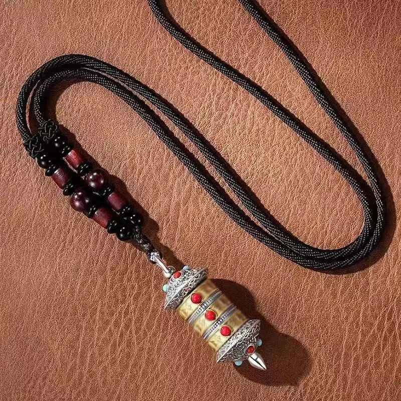 Vintage Prayer Wheel The Six Character Great Bright Mantra Mezuzah Pendant For Men Jewelry Trendy Amulet Necklace Women Gift  (GoldenCity)