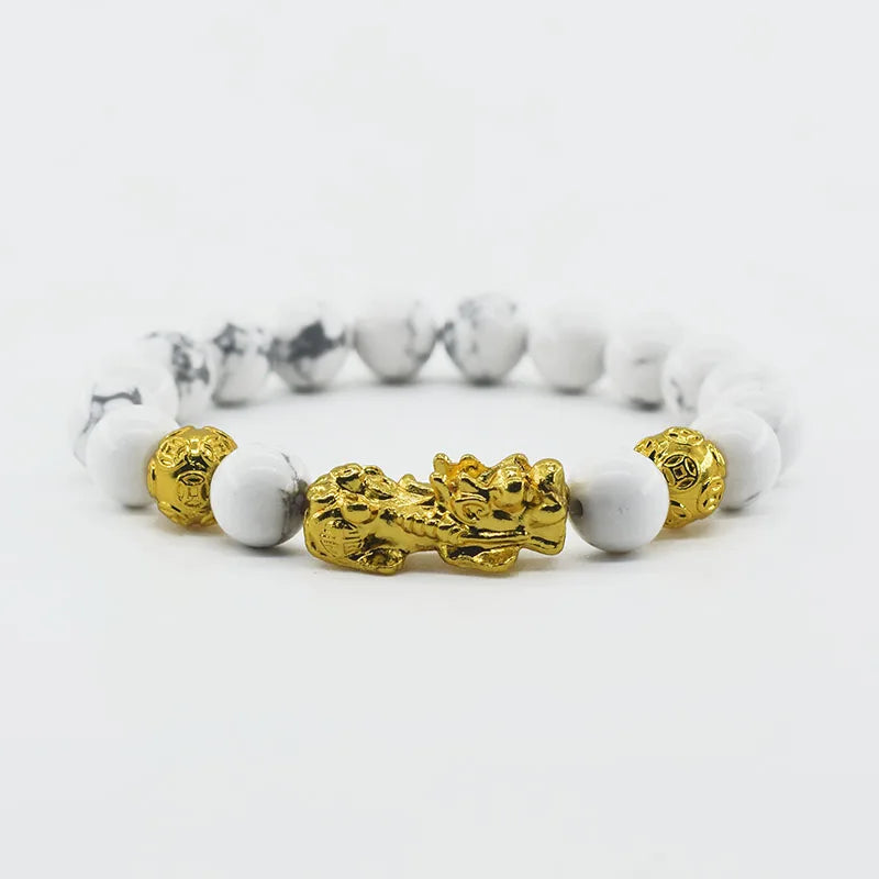 Pixiu Bracelet Feng Shui Wealth and Good Luck Bracelet Homme Wristband Gold Color Obisidian Stone Beads Black Six Character Gift  (GoldenCity)