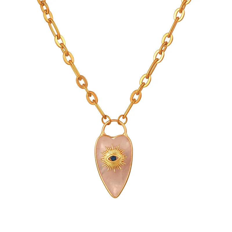 1pc Devil's Eye Heart Natural Stone Pendant Amethyst Pink Crystal Necklace for Women Jewelry Gift  (GoldenCity)