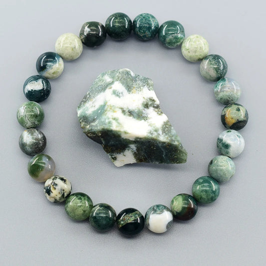 Real Natural Tree Patterned Agate Stone Beaded Bracelet Men Women Natural Lapis Lazuli Moss Agate Jade Energy Healing Jewelry  (GoldenCity)