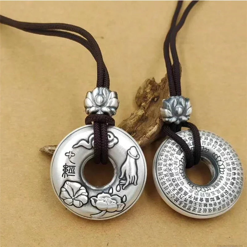 Silver Retro Lotus Buddha Sutra Six-character Mantra Pendant Necklace For Men Women Jewelry Ethnic Black Rope Male Necklace Amulet Gift  (GoldenCity)