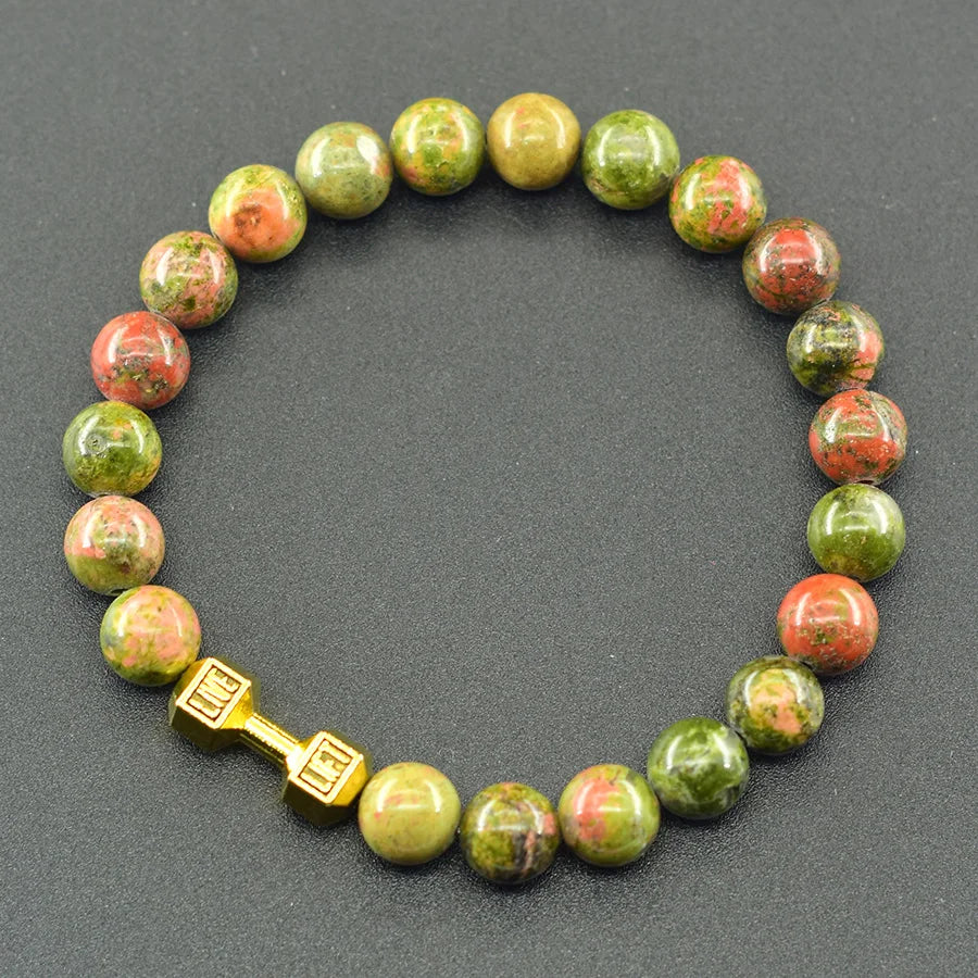 Dumbbell Barbell Shape Pendant Men's Fitness Bracelet Natural Unakite Stone Beads Bangle for Men Gym Strengthen the Muscle Gift  (GoldenCity)