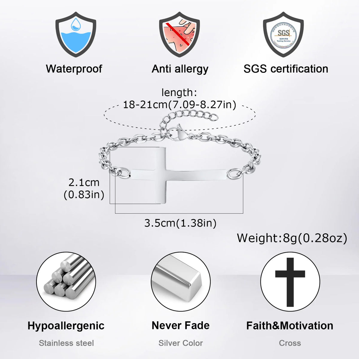 Stainless Steel Mens Cross Bracelets, Adjustable Rolo Link Chain Wristband, Christ Faith Jewelry Gift  (GoldenCity)