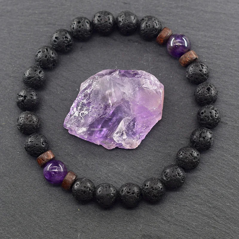 8mm Black Volcanic Beads Bracelet Men Natural Amehyst Crystal Bracelet for Women Body-Purfying Genuine Amethyst Natural Pulsera  (GoldenCity)