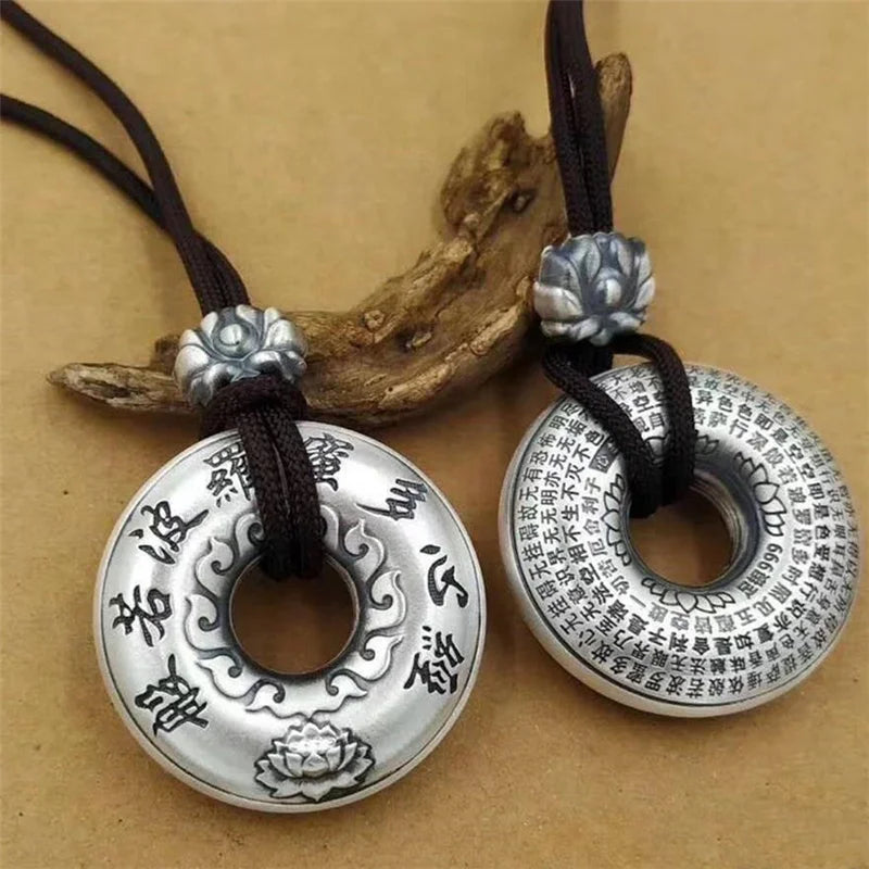 Silver Retro Lotus Buddha Sutra Six-character Mantra Pendant Necklace For Men Women Jewelry Ethnic Black Rope Male Necklace Amulet Gift  (GoldenCity)