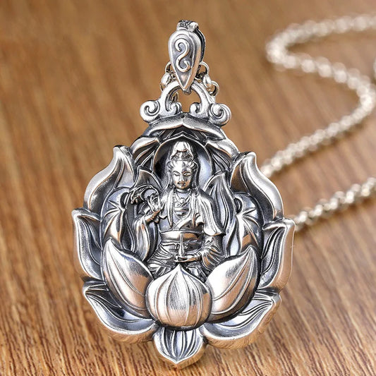 Retro Avalokitesvara Pendant Men Jewelry Maitreya Buddha Necklace Male Amulet Lotus Statue Necklaces Lady  (GoldenCity)