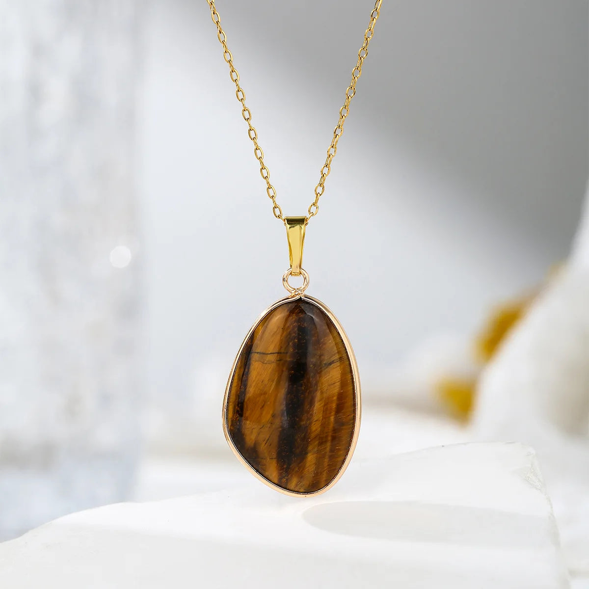 1pc Natural Stone Irregular Pendant Necklace Pink Crystal Amethyst Tiger Eye Necklace Pendant for Women Couple Jewelry Gift  (GoldenCity)