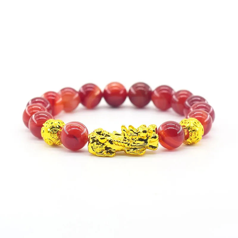 Pixiu Bracelet Feng Shui Wealth and Good Luck Bracelet Homme Wristband Gold Color Obisidian Stone Beads Black Six Character Gift  (GoldenCity)
