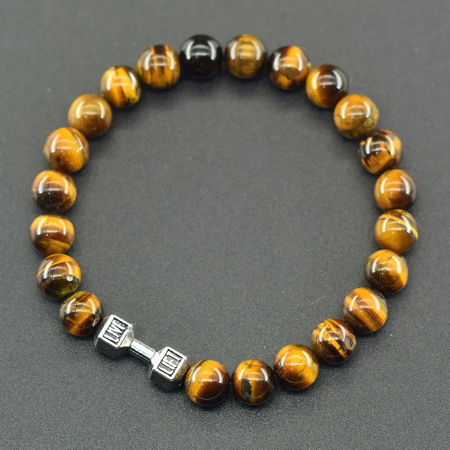 Natural Volcanic Stone Bracelet Men Matte Black Lava Obsidian Beads Charm Dumbbell Strand Bracelet Women Barbell Fitness Jewelry  (GoldenCity)