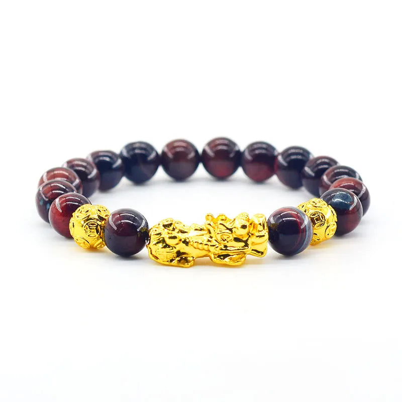 Pixiu Bracelet Feng Shui Wealth and Good Luck Bracelet Homme Wristband Gold Color Obisidian Stone Beads Black Six Character Gift  (GoldenCity)