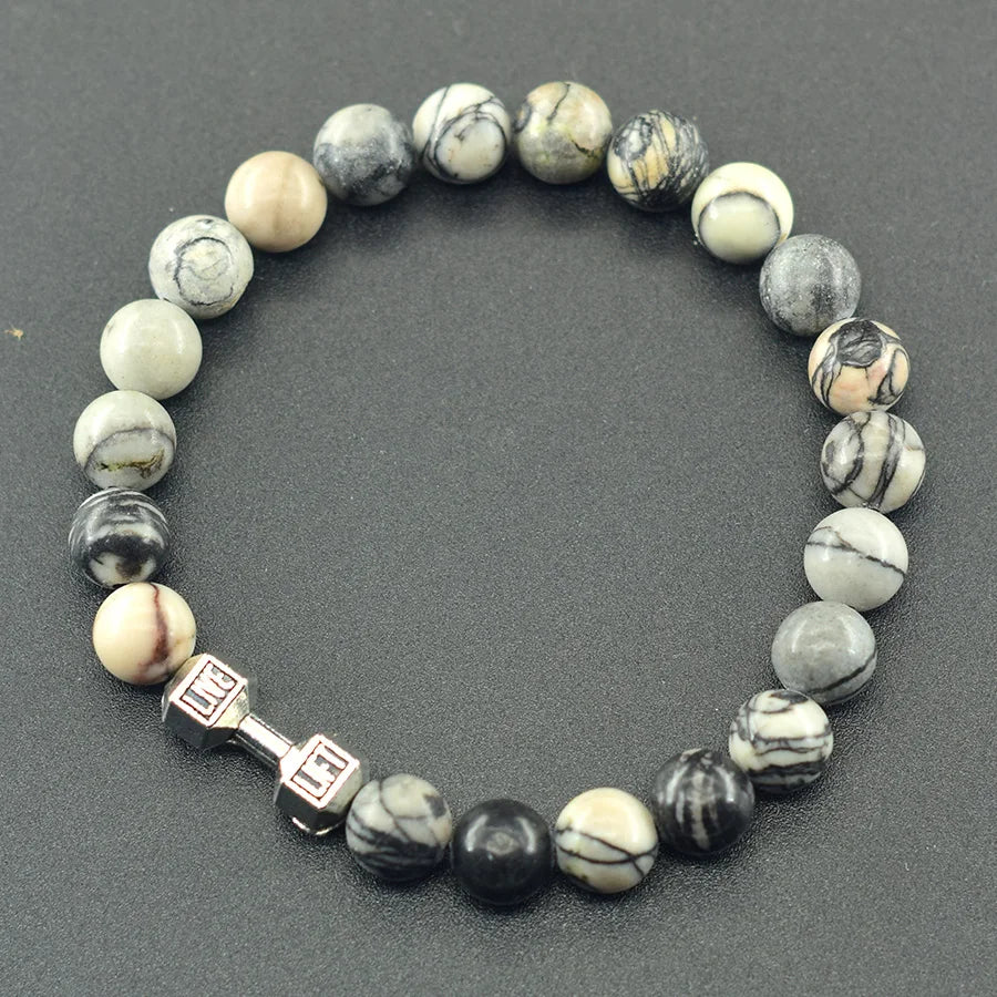 Dumbbell Barbell Shape Pendant Men's Fitness Bracelet Natural Unakite Stone Beads Bangle for Men Gym Strengthen the Muscle Gift  (GoldenCity)
