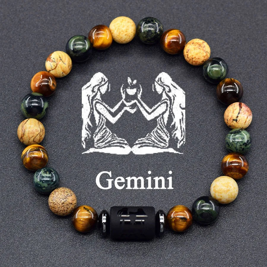 12 Zodiac Sign Bracelet Homme Constellation Bangle Natural Yellow Tiger Eye Stone Hematite Cancer Virgo Leo Libra Bracelet Women  (GoldenCity)