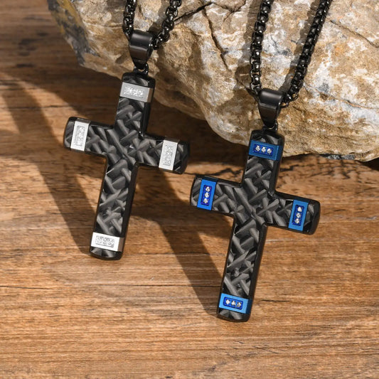High End Cross Pendant Necklaces for Men Husband Granpda Gift, Two Tones Black Blue Silver Color Thick Cross Necklace  (GoldenCity)