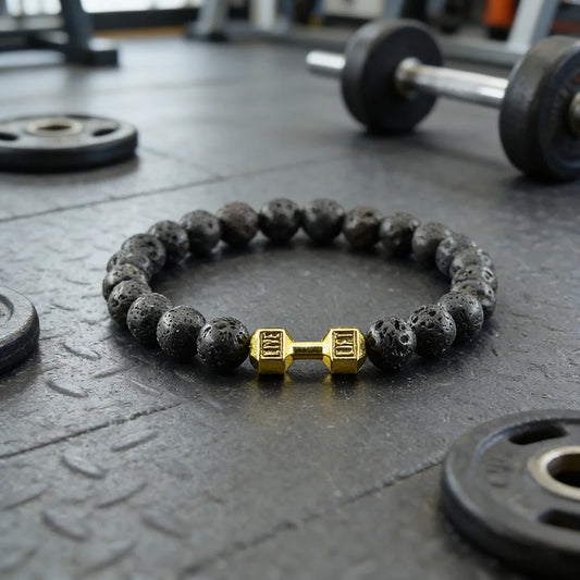 Natural Volcanic Stone Bracelet Men Matte Black Lava Obsidian Beads Charm Dumbbell Strand Bracelet Women Barbell Fitness Jewelry  (GoldenCity)