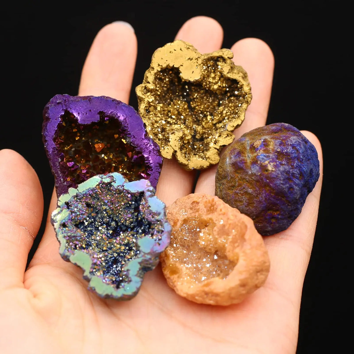 8PCS/Box Titanium Coated Natural Crystal Cluster Electroplated Agate Geode, Energy Balance Reiki Wicca Home Decor  (GoldenCity)