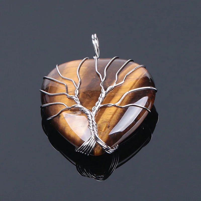 Natural Stone Tree of Life Wire Wrapped Love Heart Necklace Pendant Natural Stone Tiger Eye Pink Quartz Black Agate For Women  (GoldenCity)