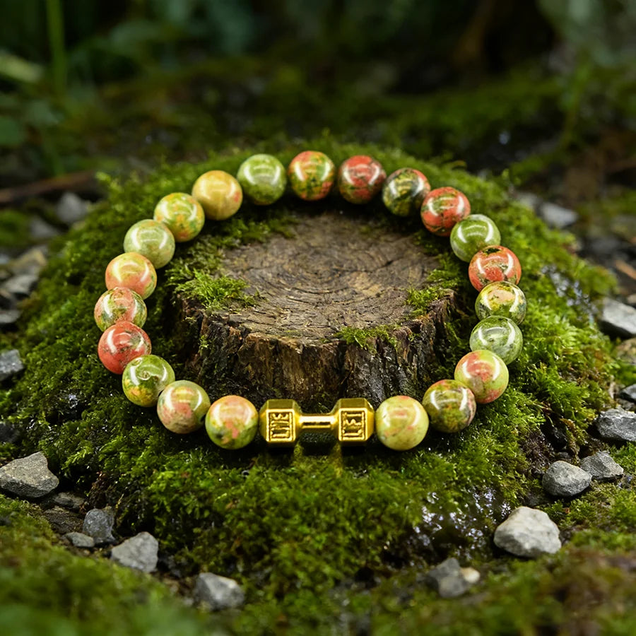 Dumbbell Barbell Shape Pendant Men's Fitness Bracelet Natural Unakite Stone Beads Bangle for Men Gym Strengthen the Muscle Gift  (GoldenCity)