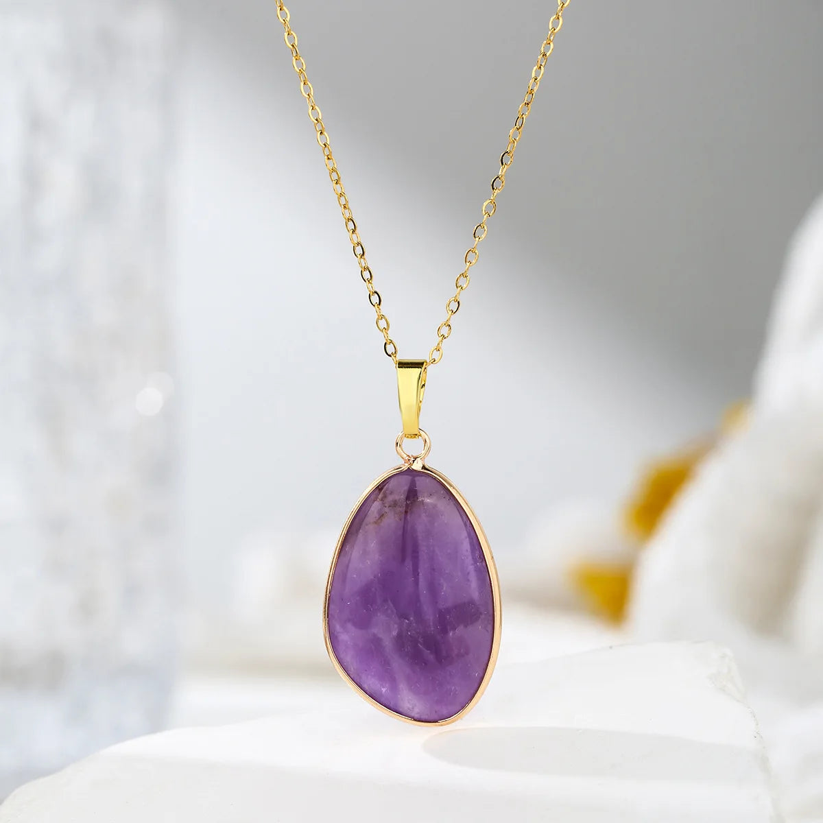 1pc Natural Stone Irregular Pendant Necklace Pink Crystal Amethyst Tiger Eye Necklace Pendant for Women Couple Jewelry Gift  (GoldenCity)